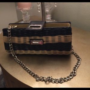 Wood woven Kelly & Katie navy blue striped clutch